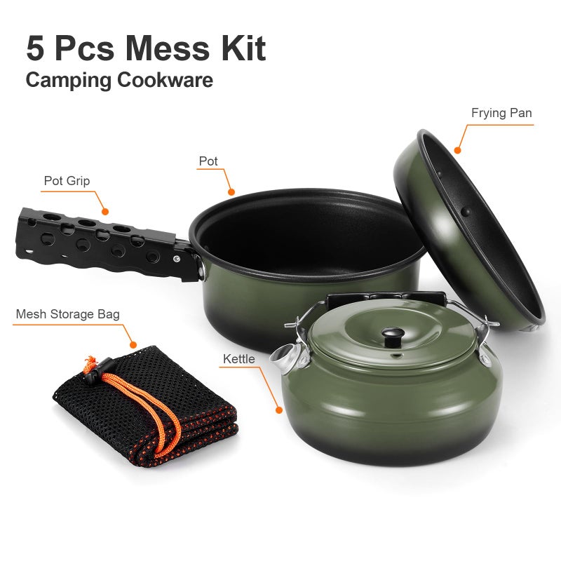 Odoland 5pcs Camping Cookware Non-Stick Camping Pot and Pan Set with Kettle and Removable Handle for Hiking Backpacking and Picnic - Image 4
